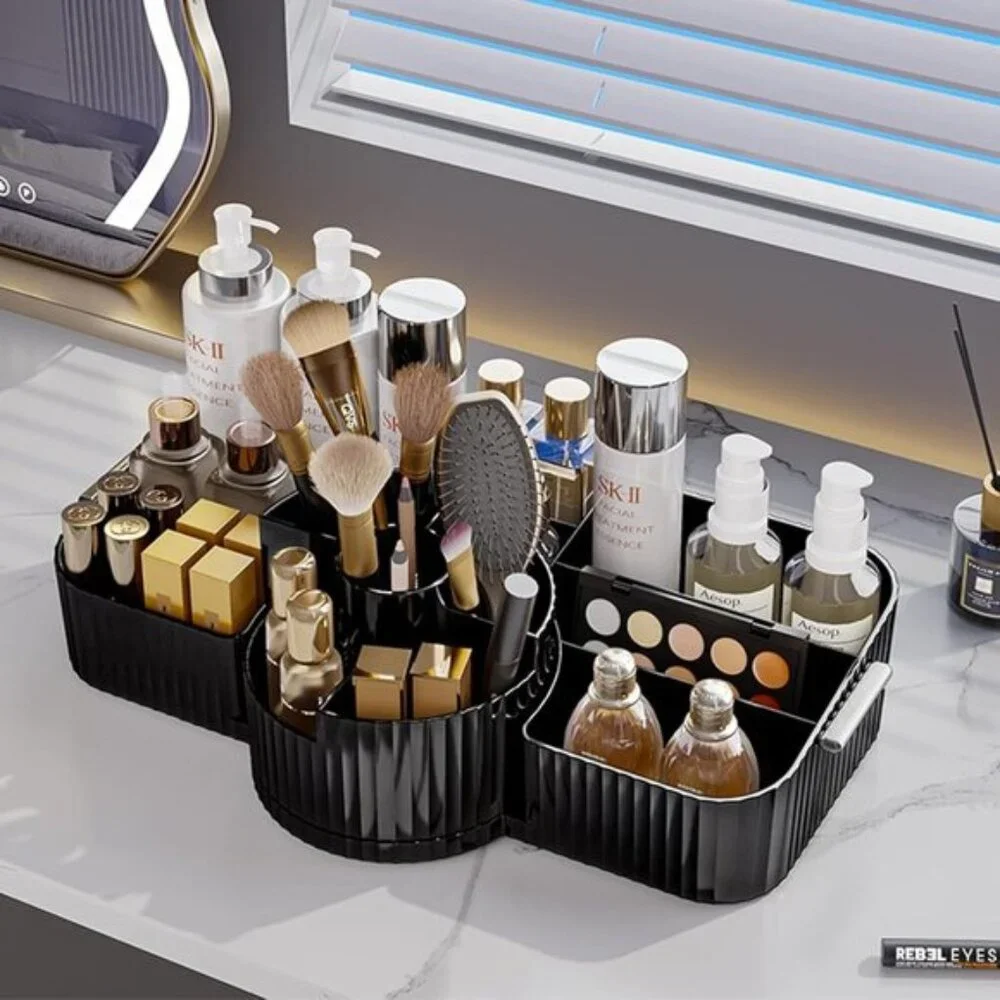 Black Rotating Makeup Organizer, Spacious Cosmetic Display for Vanity & Skincare